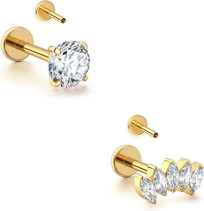 BodyBonita 16G Gold Stud Earrings Flat Back - G23 Titanium Internal Thread Clear CZ Cartilage Earrings for Women