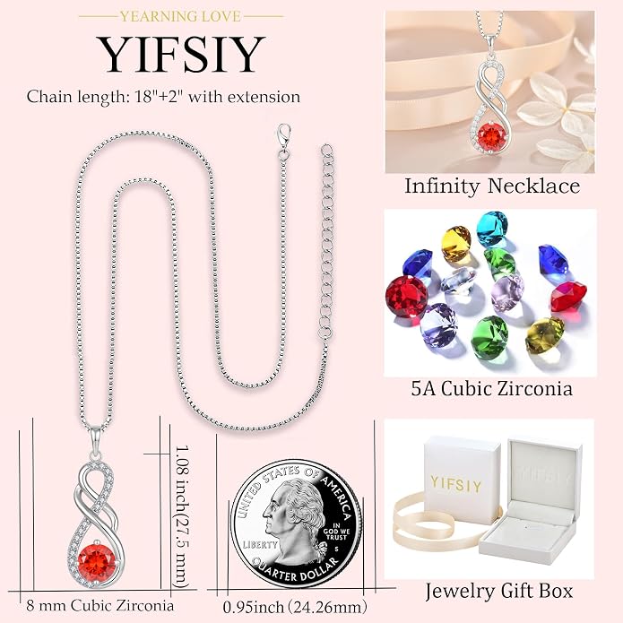 Gemstone Infinity Pendant Necklaces for Women, S925 Sterling Silver Round cut Zircon Necklace Birthstone Jewelry Gift for Her