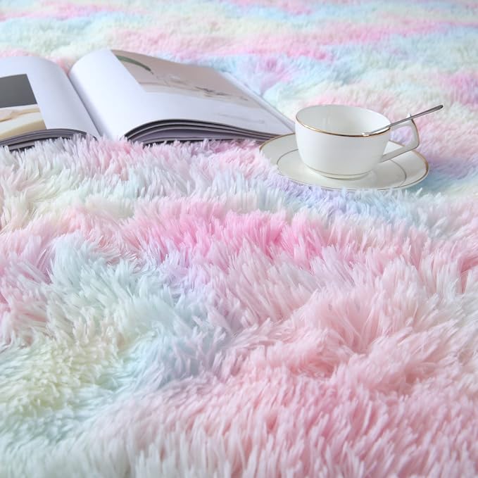 Fluffy Rainbow Rug for Girls Room 6x9 - Soft Non-Slip Kids Carpet | Vibrant Rainbow Colors - Tie-Dye Pattern Sparks Creativity - Brings A Playful Colorful World To Your Daughter'S Bedroom