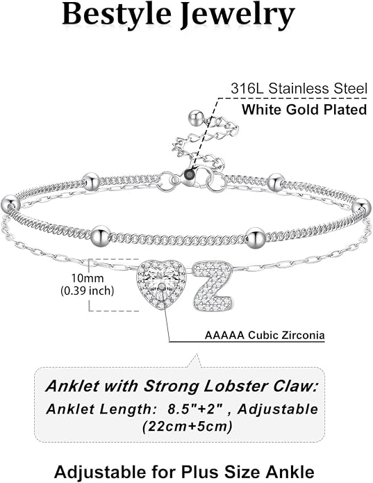Bestyle Initial Anklet Bracelets for Women Waterproof Non Tarnish 14K Gold/White Gold Plated CZ Anklets for Women Dainty Layered Letter Heart Ankle Bracelets Adjustable Foot Chain Anklet