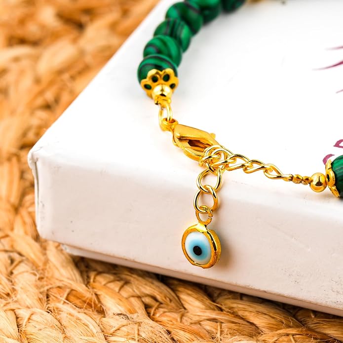 AAA Grade Natural Gemstone Beaded Bracelet, 14K Gold Plated with Evil Charm, Wicca & Reiki Healing Crystals, Handmade Bohemian Jewelry, Christmas Gift for Women (7+1inch)