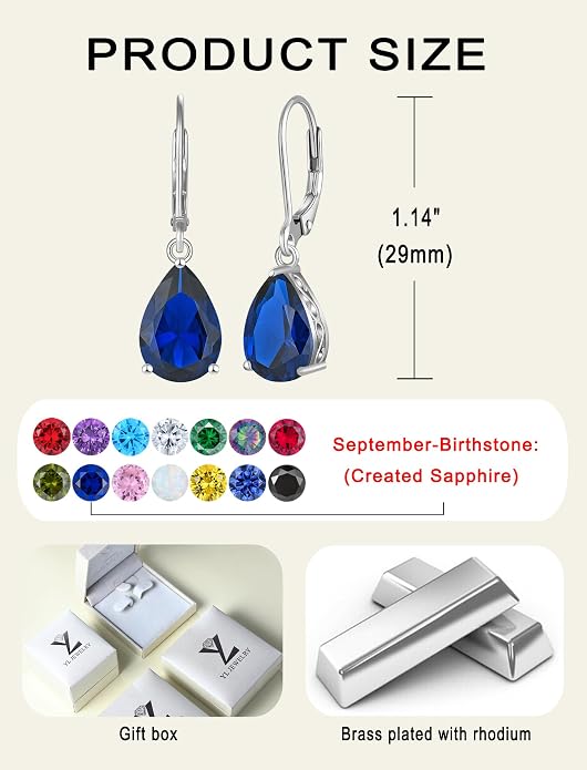 YL Solitaire Dangle Drop Earrings Teardrop Leverback Earrings Brass 8X12 MM Birthstone Jewelry for Women