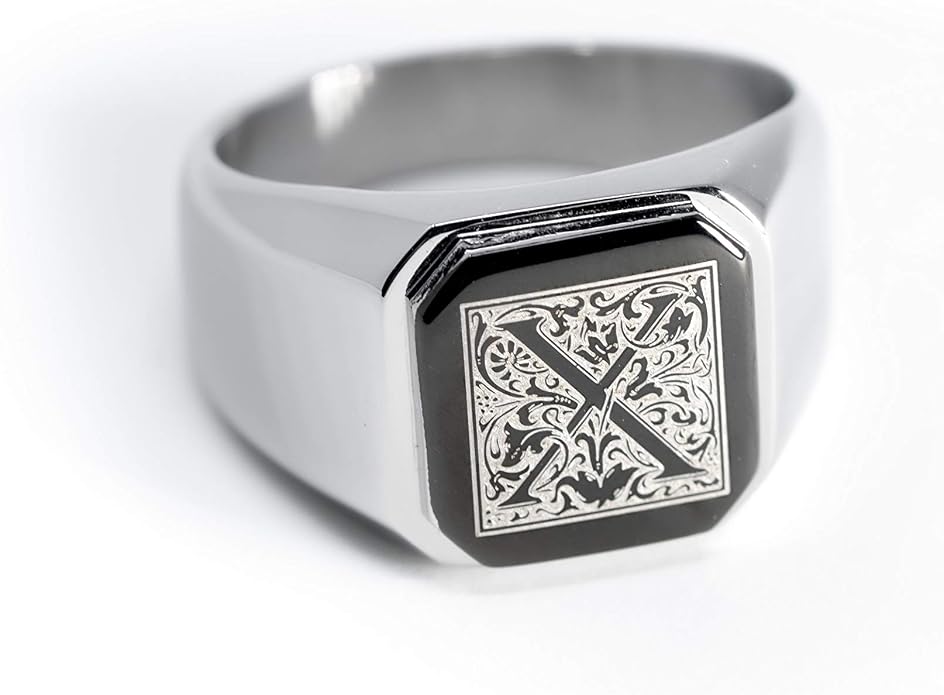 Jewelry | Stainless Steel Letter Alphabet Initial Ring | Square Flat Top Ring for Men & Women | Stainless Steel Jewelry, (Black, Gold, Silver), Size 7-16