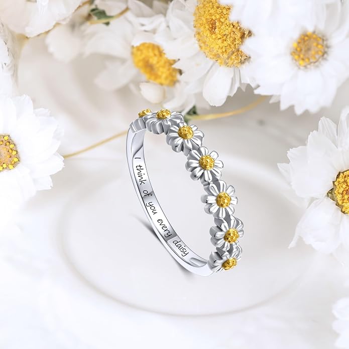 Dainty Daisy Ring for Women, S925 Sterling Silver Cubic Zirconia Sunflower Flower Ring For Daughter, I Think Of You Every Daisy Ring, Birthstone Flower Ring