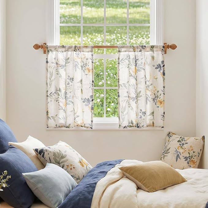 MYSKY HOME Floral Kitchen Curtains 30 Inch Length Linen Tier Curtains Farmhouse Blue Flower Patterned Small Window Treatments Airy Light Filtering Rod Pocket for Living Room 2 Panels,Each 26" W