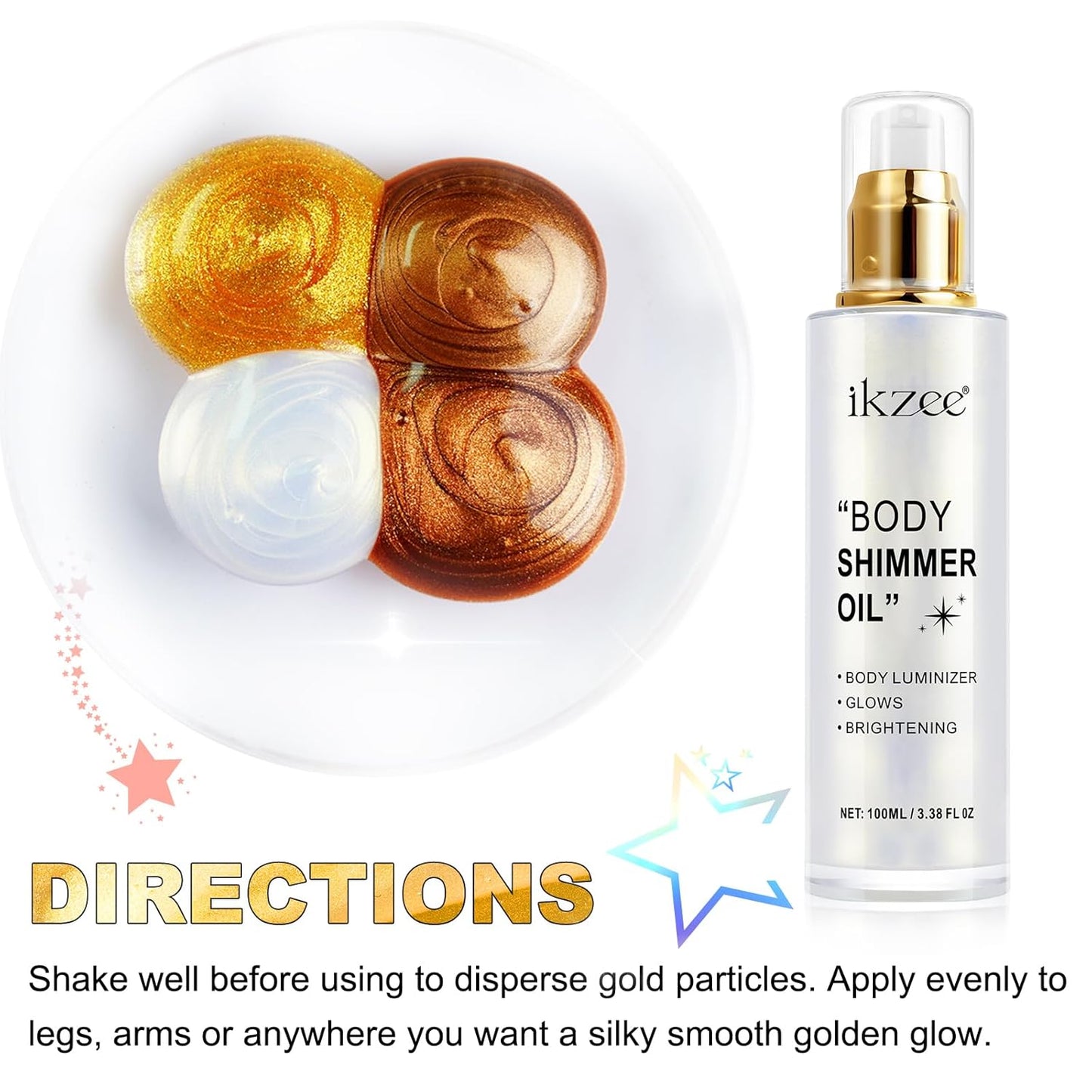 Body Glow Shimmer Oil 100ml, Moisturizing Long Lasting Face Brightener, Waterproof Liquid Illuminator, Highlighter for Summer Tanning (#01 Silver)