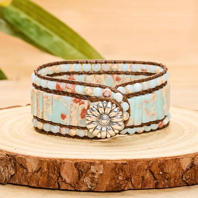 YGLINE Boho Handmade Natural Stone Bead 3 Row Wide Wrap Wrist Statment Bracelet Jewelry Collection