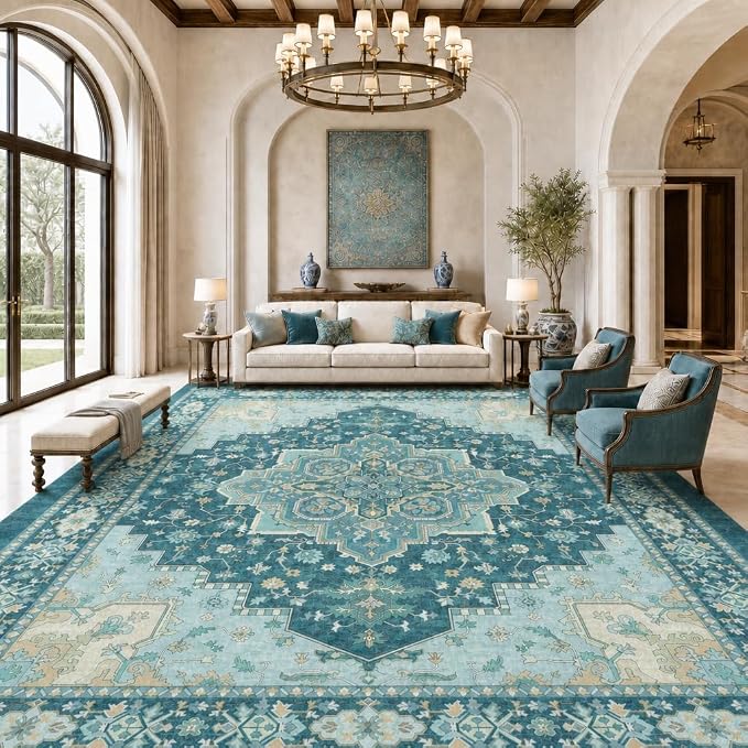 AMADA HOMEFURNISHING 9x12 Area Rug for Living Room, Vintage Washable Area Rug Low-Pile & Non-Slip Carpet for Bedroom Dining Room Nursery Home Office, Teal Blue