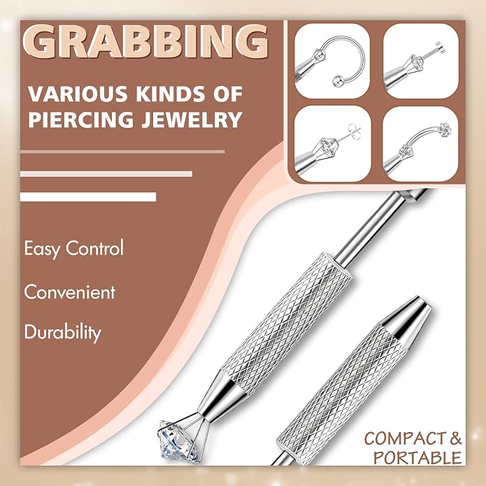 ONESING 2Pcs Piercing Ball Grabber Tool for Changing Jewelry, Stianless Steel Flat Back Earring Applicator Internally Threaded Push Pin Piercing Grabber Tool, Anti Slip 4 Claw Gem Ball Grabber Tool