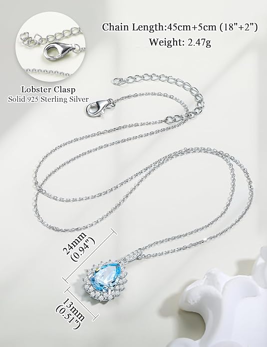 925 Sterling Silver Teardrop Necklace for Women Huge Created Gemstone Solitaire Halo Pendant Pear Cut Birthstone Necklace