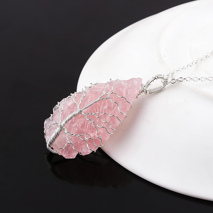 Silver Plated Wire Wrapped Pendant Necklace, Sea Glass Stones, Handmade Jewelry, Healing Crystals, Hammered Pendant, Birthday Gift for Women, Adjustable Chain 16+2inch