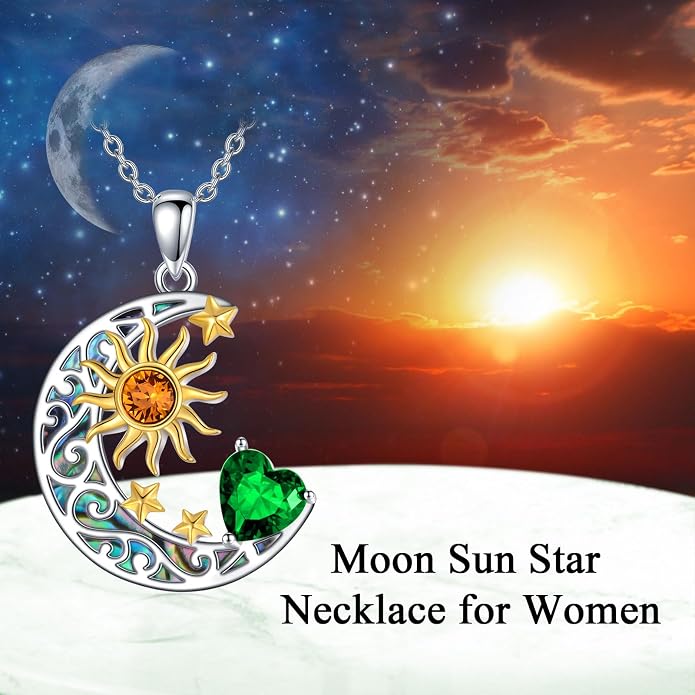AOBOCO 925 Sterling Silver Sun and Moon Star Pendant Necklace with Simulated Birthstone, Birthday Christmas Jewelry Gift for Women Teen Girls