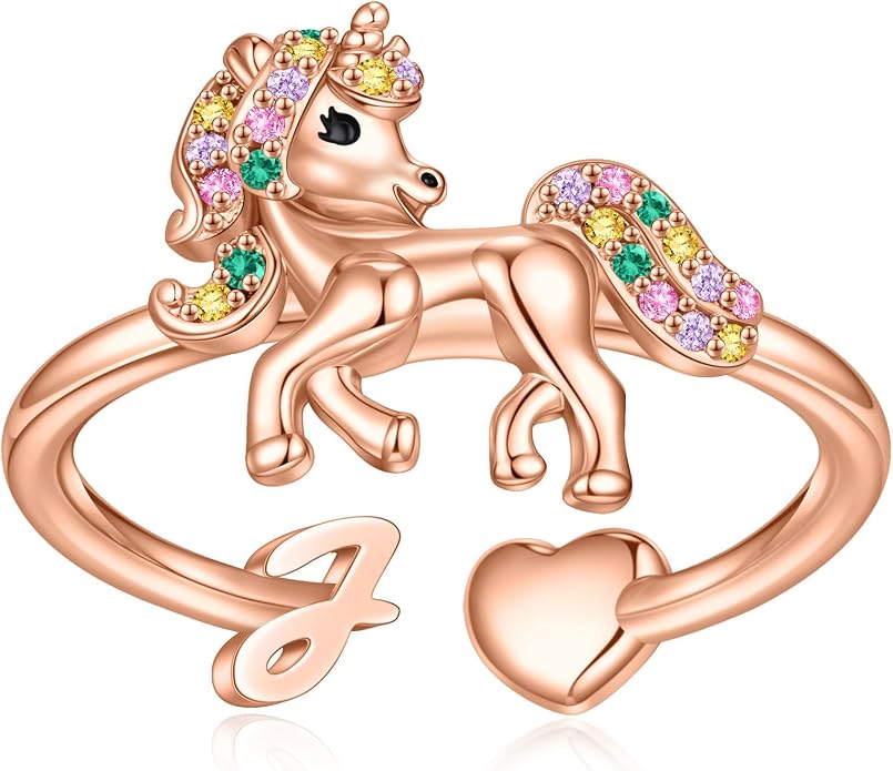 Unicorn Initial Rings for Teen Girls, Rose Gold/White Gold Plated Heart Initial Rings for Girls Adjustable Stackable Rings for Women Diny Heart Ring for Teen Girls Gifts Unicorns Gifts for Girls