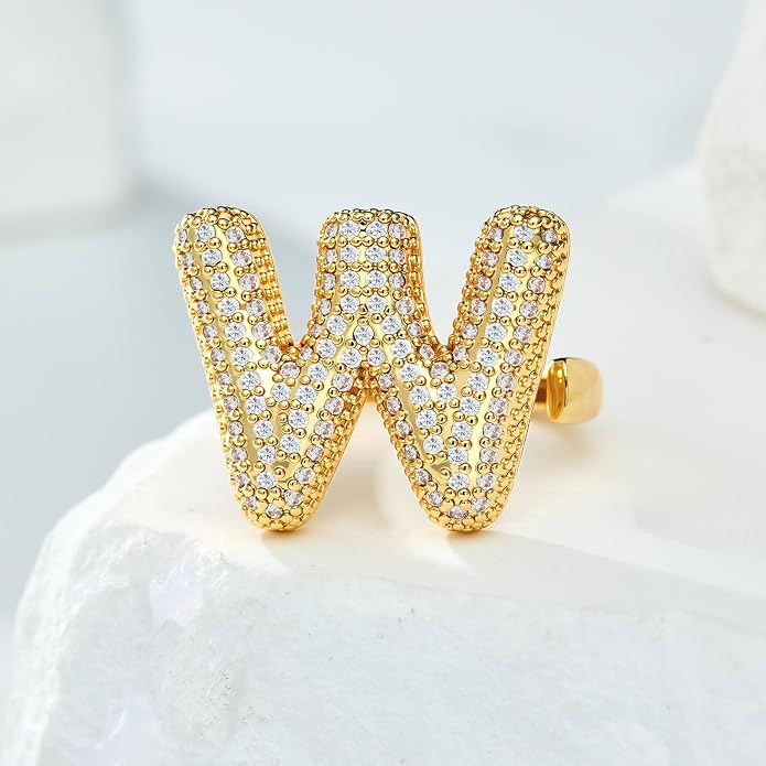 Cicy Bell Initial Rings for Women 14k Gold Plated Cubic Zirconia Delicate Letter Chunky Statement Open Rings Gifts for Her