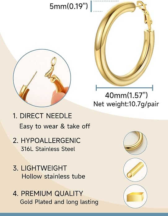 Stainless Steel Chunky Hoop Earrings For Women, Minimalist and Chic, Black/Gold Plated, Round Hoops Earrings Hypoallergenic, Size: 30mm/40mm/60mm/80mm, Come with Box