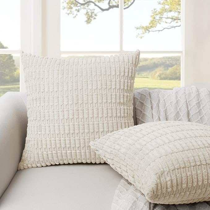Softalker Throw Pillow Covers 16x16 Inch Set of 2, Solid Color Corduroy Soft Plush Decorative Square Cushion Covers for Couch Sofa, Summer Outdoor Rustic Farmhouse Boho Home Decor, Cream Beige