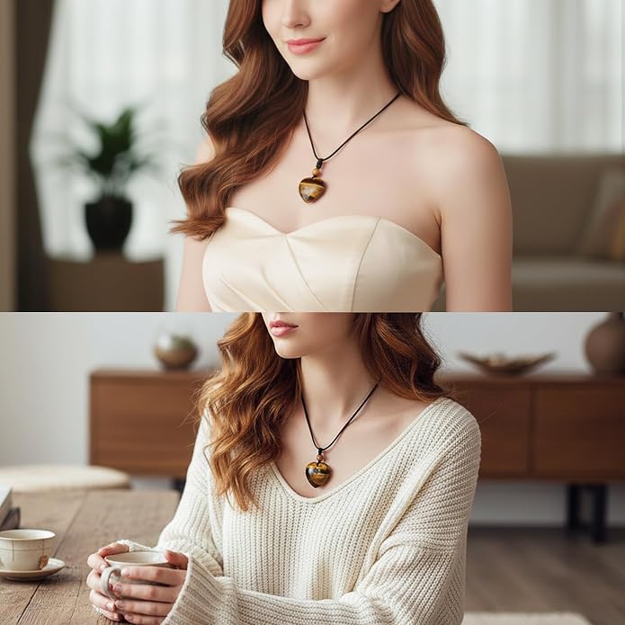 TUMBEELLUWA Carved Stone Heart Shape Necklace Chakra Quartz Pendant with Cord Amulet Healing Crystal Jewelry for Unisex