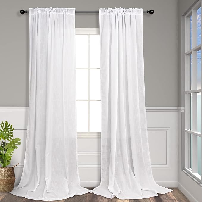 White Curtains 60 Inch Wide for Living Room Extra Large Linen Drapes Semi Sheer Room Dividing Curtains for Patio Sliding Glass Door Apartment Sitting Room 2 Panels Back Tab Pocket Width 60 x 96 Long