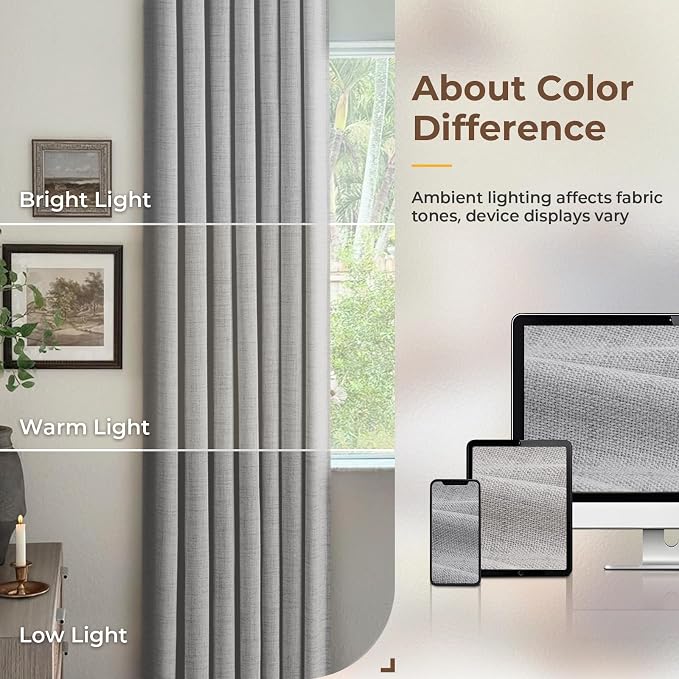 INOVADAY 100% Blackout Curtains for Bedroom, Grey Black Out Curtains 96 Inch Long, Clip Rings Linen Blackout Drapes, Thermal Insulated Room Darkening for Living Room, 2 Panels - W50xL96