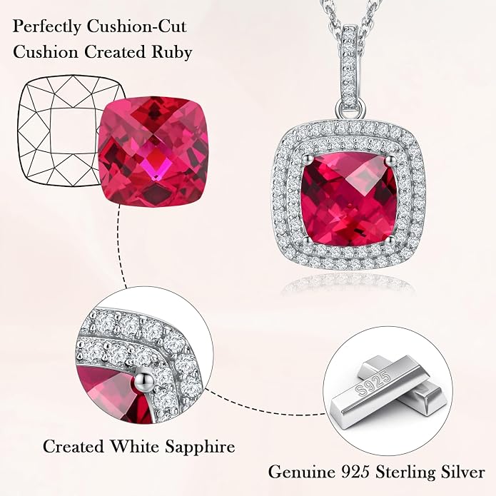 Birthstone Necklace for Women 925 Sterling Silver Cushion/Pear Cut Created Gemstone Halo Pendant Necklace Birthstone Jewelry