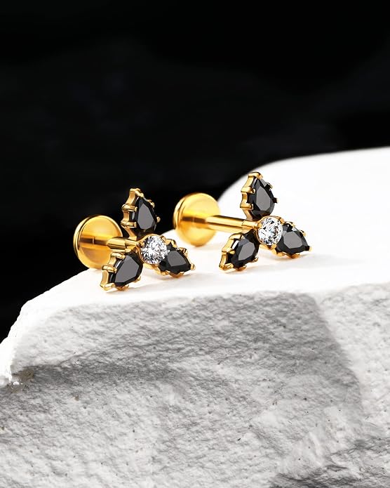 Cocharm G23 Titanium 16g Flat Back Helix Tragus Earring Stud - Gold Black Triple Floewr Threadless Cartilage Piercing Jewelry