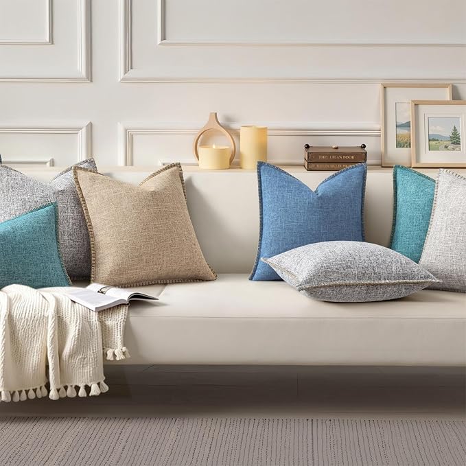 decorUhome Teal Faux Linen Outdoor Throw Pillow Covers 20x20 Set of 2 | Fall Decorative Textured Neutral Modern Farmhouse Pillow Covers with Stitched Edge for Couch Sofa Bed Living Room