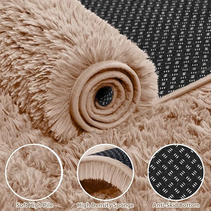 Area Rug for Living Room Bedroom: 6x9 Soft Fluffy Shag Rugs Upgrade Non-Slip High Pile Carpet Large Fuzzy Plush Indoor Floor Shaggy Carpets for Nursery Kid Playroom Office Dorms Home Decor Beige