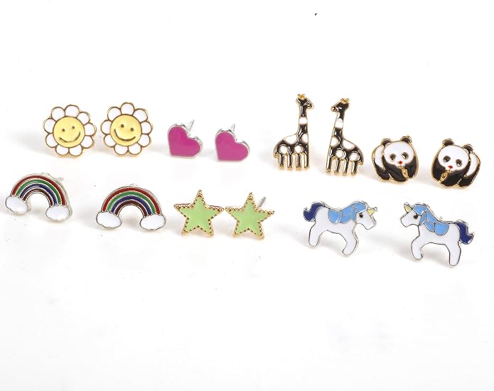 33 Pairs Stainless Steel Cartoon Earrings for Girls - Hypoallergenic Colorful Stud Earing Set, Mix & Match Cute Earring for Teens, Kids, Doll Dressup Accessories