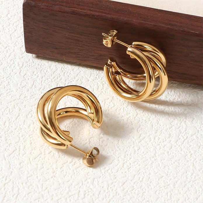 18K Gold Plated Hoop Earrings for Women Chunky Huggie Earrings Minimalist Gold Jewelry Valentine's Day Gift for Girlfriend Wife