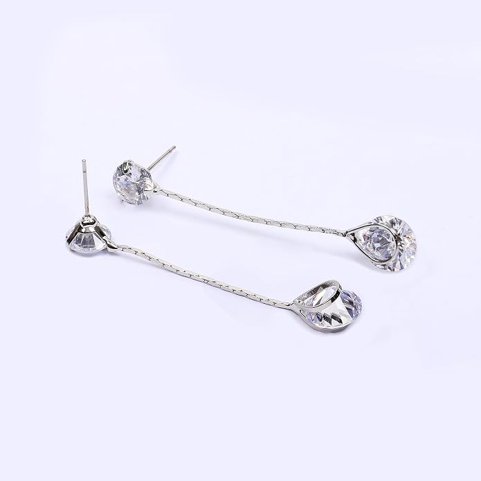 Crystal Linear Drop Earrings - Womens Sterling Silver Round Cubic Zirconia CZ Diamond Rhinestone Long Chain Dangle Earrings Bridal Drop Earrings for Wedding Bride Bridesmaids