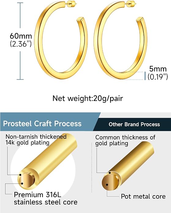 Stainless Steel Chunky Hoop Earrings For Women, Minimalist and Chic, Black/Gold Plated, Round Hoops Earrings Hypoallergenic, Size: 30mm/40mm/60mm/80mm, Come with Box