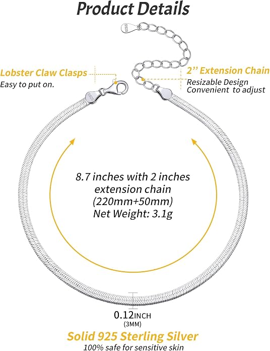 ChicSilver 925 Sterling Silver Ankle Bracelet for Women, Simple Cuban Link/Figaro/Twist Rope Chain Anklets for Beach Party(with Gift Box)