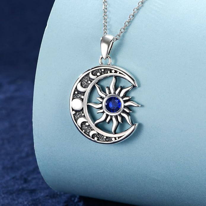 Sun and Moon Necklace 925 Sterling Silver Sun Moon Pendant Gemstone Jewelry Gifts for Women