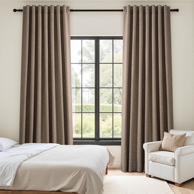 Topfinel Pinch Pleated 90 Inch Long 2 Panels Set Back Tab Curtains, 100% Blackout Dark Flax Linen Drapes, Light Blocking Balcony Drapes for a Neutral Country Ambiance Dark Flax 52" W*90" L