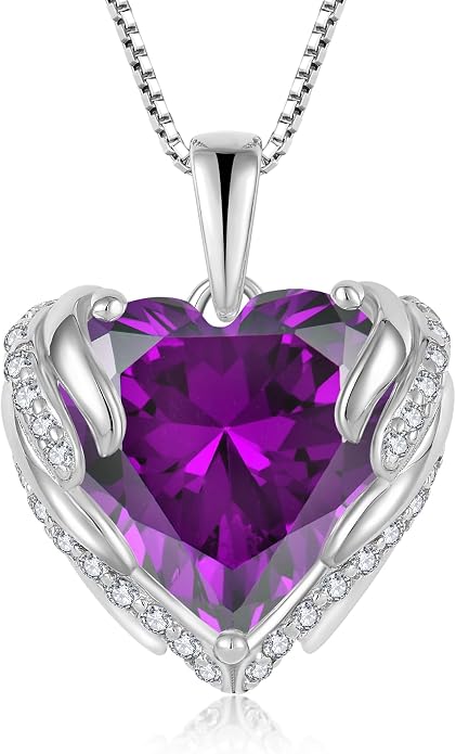 Angel Wings Necklace for Women 925 Sterling Silver Cubic Zirconia Love Heart Birthstone Pendant Necklaces