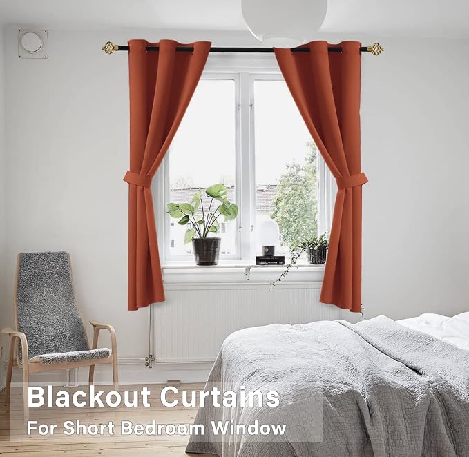 KOUFALL Burnt Orange Grommet Top Curtains for Kitchen Window 45 Inch Length Set of 2 Panels Colorful Fabric Short Blackout Fall Curtains for Bedroom Decorations Home Decor Bathroom Small Window