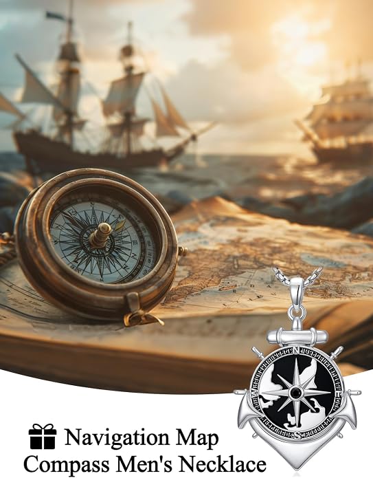POIUY Graduation Gifts for Men, Compass Necklace, 18k White & Black Gold Plated - Compass Pendant, Graduation Jewelry, Anniversary Birthday Gift for Graduates College Students Son Brother Him