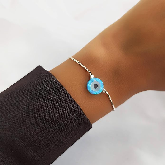 Minimalist Evil Eye Charm Bracelet – Handmade Delicate Good Luck Jewelry for Women – Adjustable 6.5” + 1” Extender