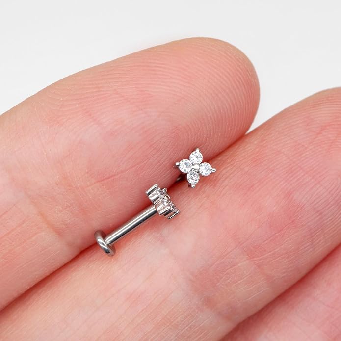 14K Yellow/White/Rose Gold Cartilage Earring Top Push in 1 Pcs Threadless Flower Flat Back Stud Nose Stud Lip Ring 16G Helix Tragus Piercing Jewelry for Women 6mm 8mm