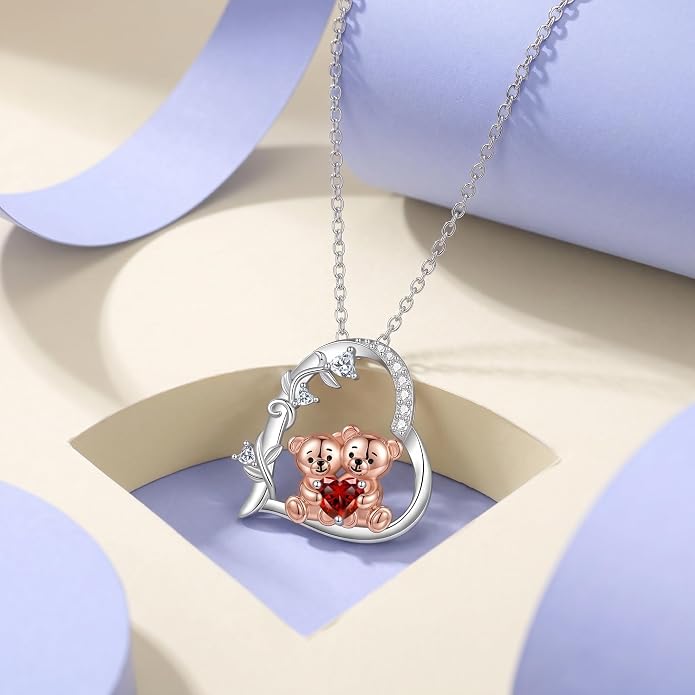 PELOVNY Teddy Bear Necklace for Women 925 Sterling Silver Bear/Highland Cow/Fox/Cat/Axolotl Birthstone Necklace Christmas Birthday Jewelry Gifts for Mom Daughter Wife Sister