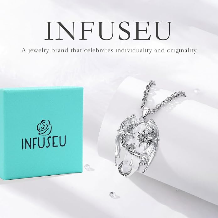 INFUSEU Unique Dragon Necklaces with Healing Crystal Stone for Men Women, Personalized Spiritual Gifts, 24 Inch Chain