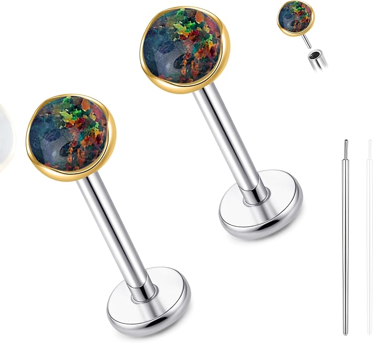 limerencia 18G Hypoallergenic Titanium Opal Threadless Nose Stud Earrings, 2PC Flat Back Push in Stud Earrings Labret Medusa Monroe Helix Cartilage Tragus Conch Piercing Jewelry for Women Men