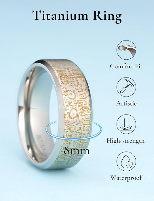 King Will Titanium Wedding Ring for Men Women, 8mm Width Gold/Silver Wedding Band with Unique Random Laser Textured and Multi-Color Laser Engraved Titanium Ring Comfort Fit and Durable Size 8-12