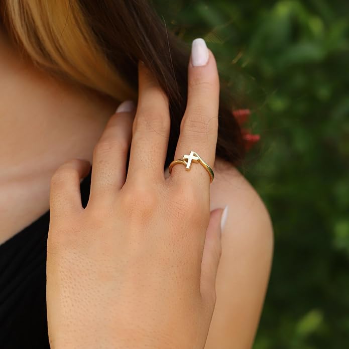 Gold Cross Statement Rings for Women 14K Gold Silver Tone Non Tarnish Cute Band High Polished Smooth Comfort Fit Size 5-10