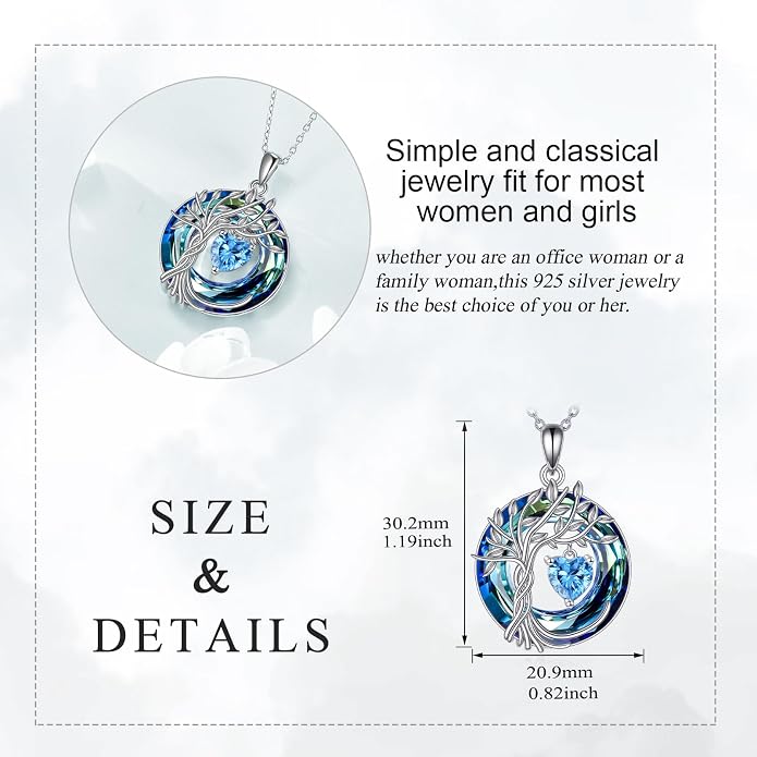 POPLYKE Mothers Day Gifts for Mom Her Wife Tree of Life Necklace 925 Sterling Silver Birthstone Pendant with Crystal Anniversary Birthday Wedding Jewelry for Women