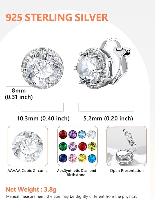 Silvora 925 Silver 8MM Cubic Zirconia Birthstone Clip On Stud Earrings Round Non Pierced Earrings For Women,Come with Box