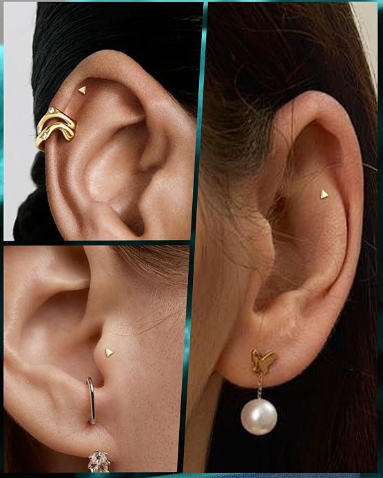 COCHARM 14K Real Gold Helix Tragus Cartilage Piercing Jewelry-Titanium Post-Threadless Tragus Conch Cartilage Earring Stud Flat Back 16g Labret Stud 6mm, 8mm Push Pin Triangle Medusa Jewelry