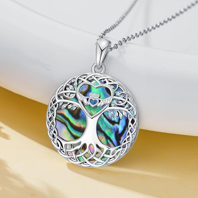 Tree of Life Necklace 925 Sterling Silver Abalone Shell Celtic Knot Tree Pendant Necklace Jewelry Gifts for Women Birthday Christmas