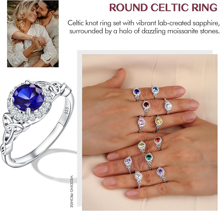 DAYBYDAY Celtic Birthstone Rings for Women 925 Sterling Silver Heart/Round/Pear/Oval Created Gemstone Moissanite Halo Engagement Promise Rings for Her Wife Birthday Anniversary Wedding Jewelry