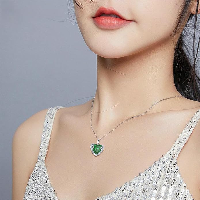 Angel Wings Necklace for Women 925 Sterling Silver Cubic Zirconia Love Heart Birthstone Pendant Necklaces